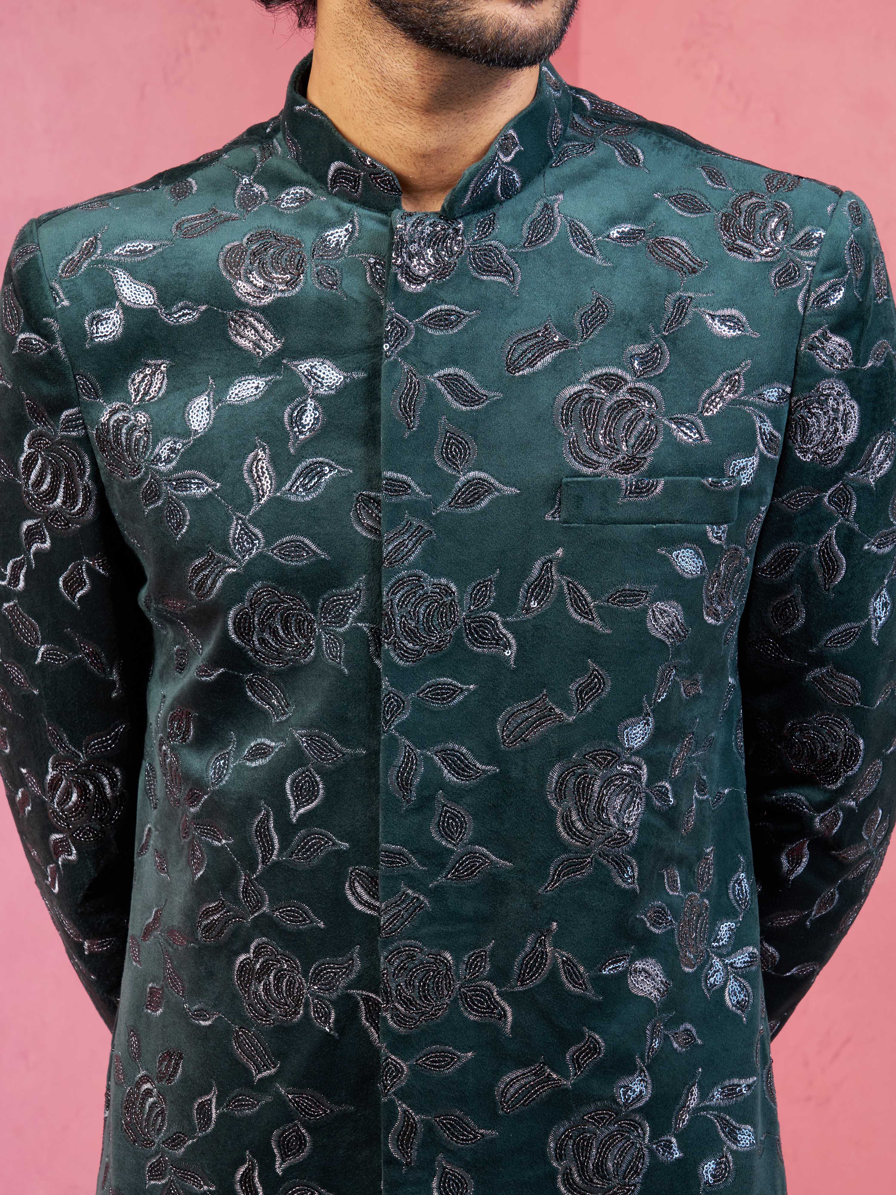 Men's Bottle Green Velvet Sherwani Set