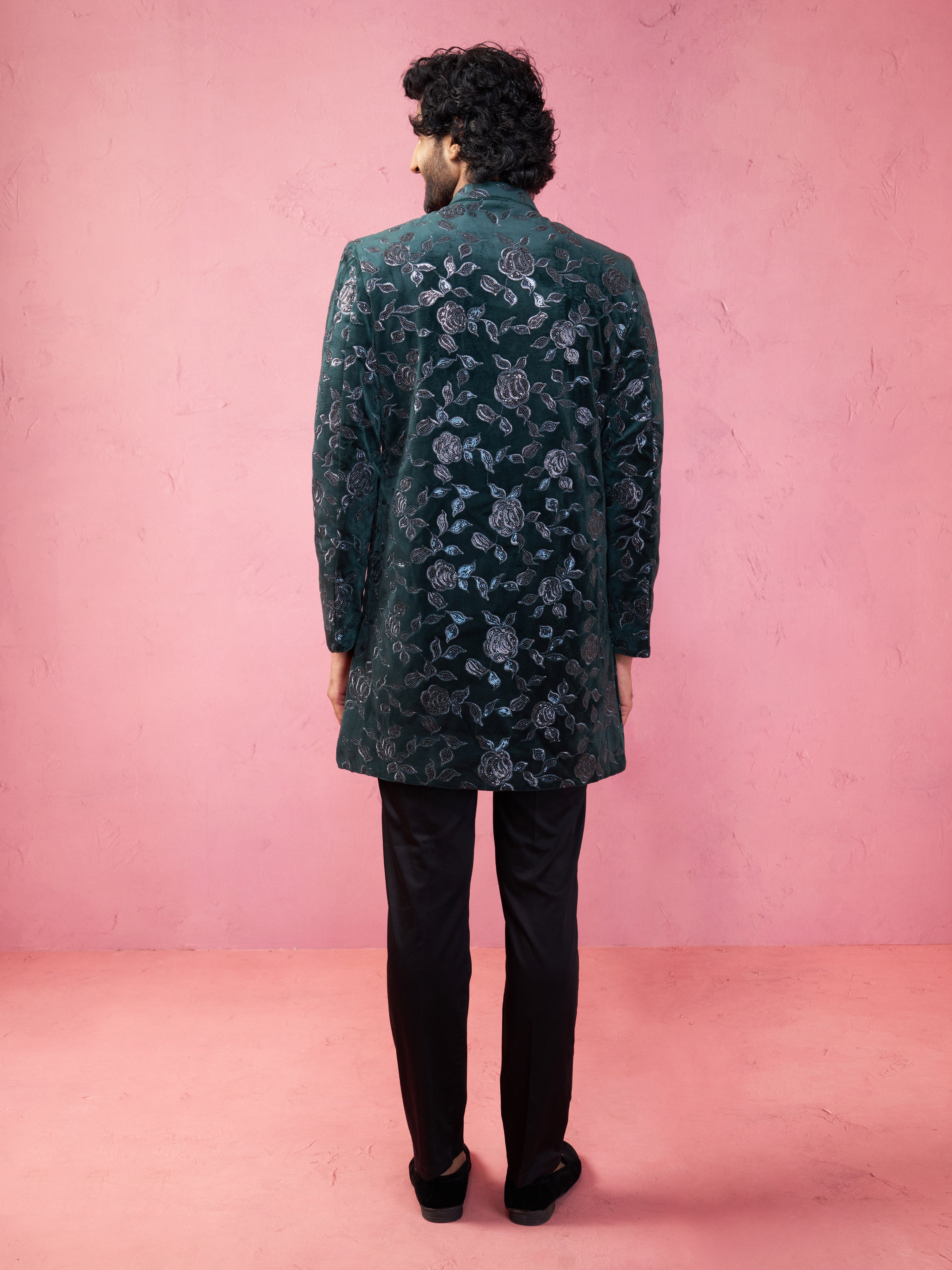 Men's Bottle Green Velvet Sherwani Set