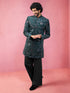 Men Dark Green Floral Thread Work Indo Western Set