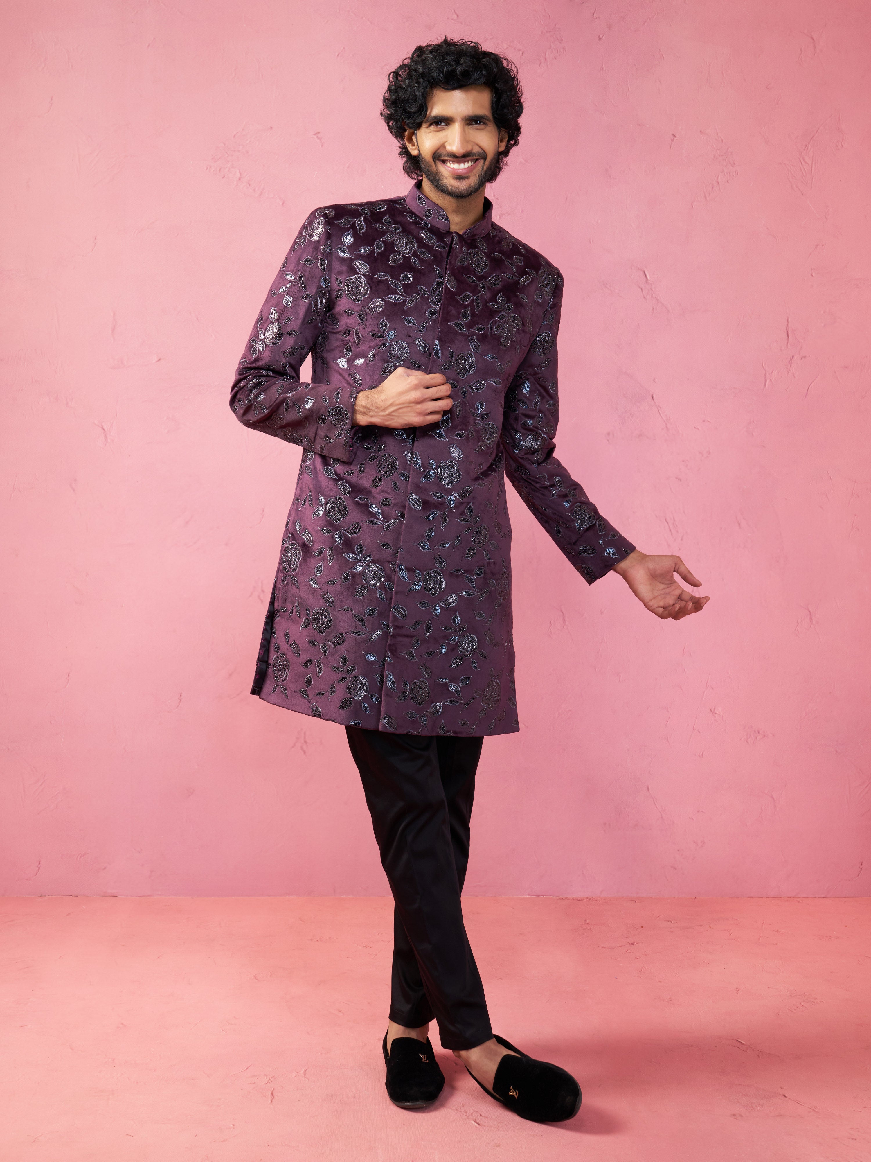 Men's Maroon Velvet Indo-Western Kurta with Black Cotton Lycra Pyjama