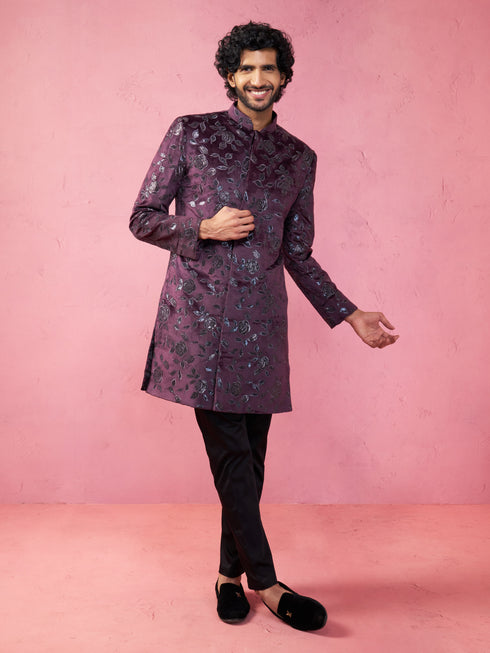 Men's Maroon Velvet Indo-Western Kurta with Black Cotton Lycra Pyjama