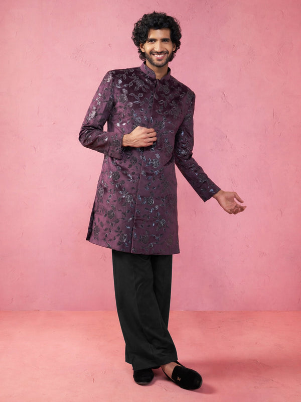 Purple Velvet Floral Sequin Indo Western Set with Pants