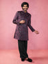 Men's Wine Floral Sequined Knee Length Indo-Western Set with Wide Leg Pant