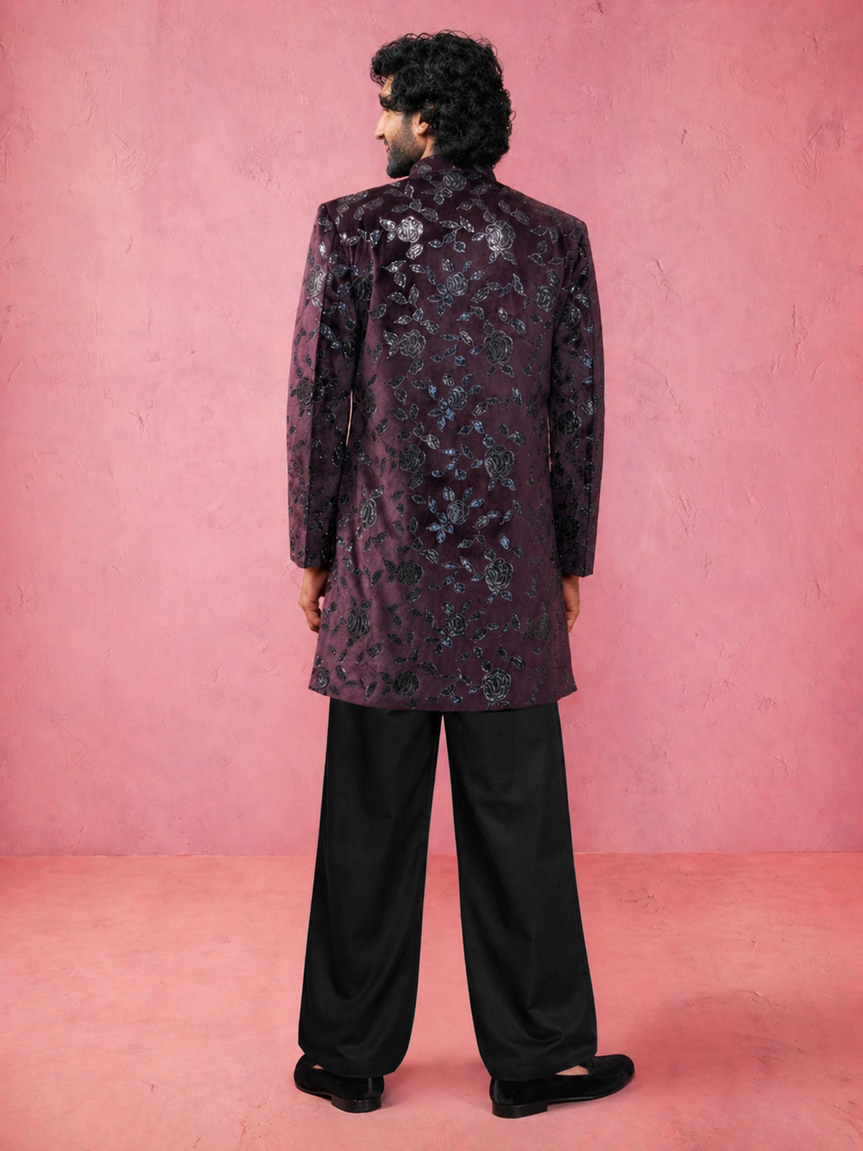 Maroon Floral Sequined Indo Western Set with Wide Leg Pants