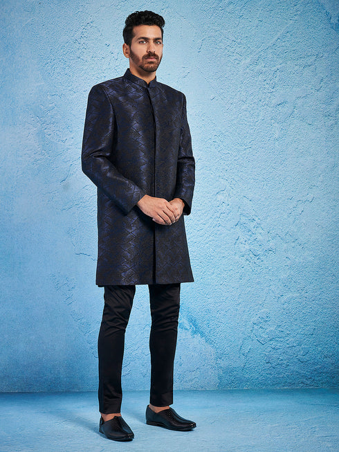 Men's Navy Blue Silk Blend Sherwani Set
