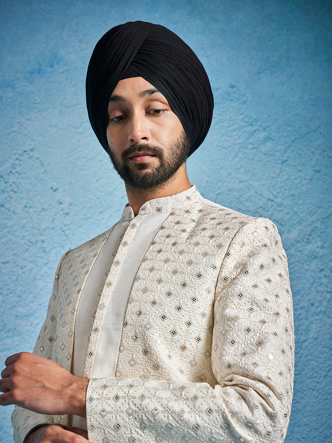 Men's Cream Silk Blend Sherwani Set