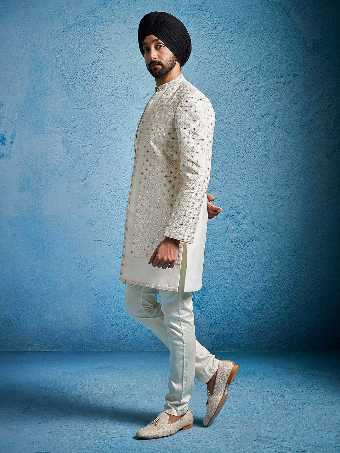 Men's Cream Silk Blend Sherwani Set