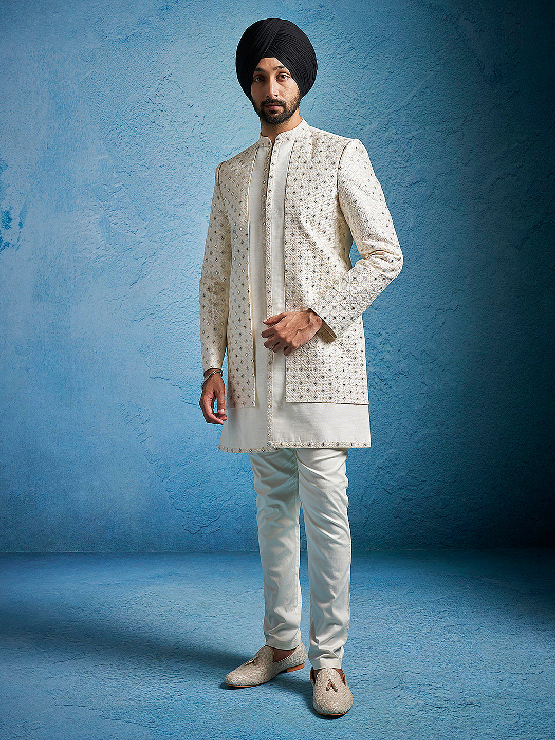 Men's Cream Silk Blend Sherwani Set