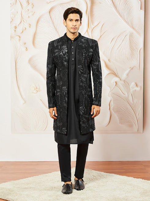Men's Black Viscose Indo Western, Kurta, Pant Set