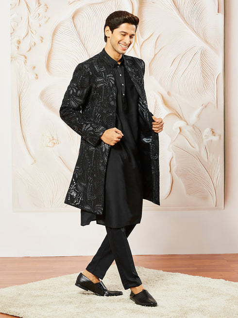 Men's Black Viscose Indo Western, Kurta, Pant Set