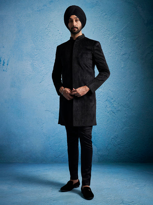 Men's Black Velvet Sherwani Set