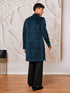 Men Bottle Green Stone & Cutdana Work Velvet Indo-Western with Cream Wide Leg Palazzo Set