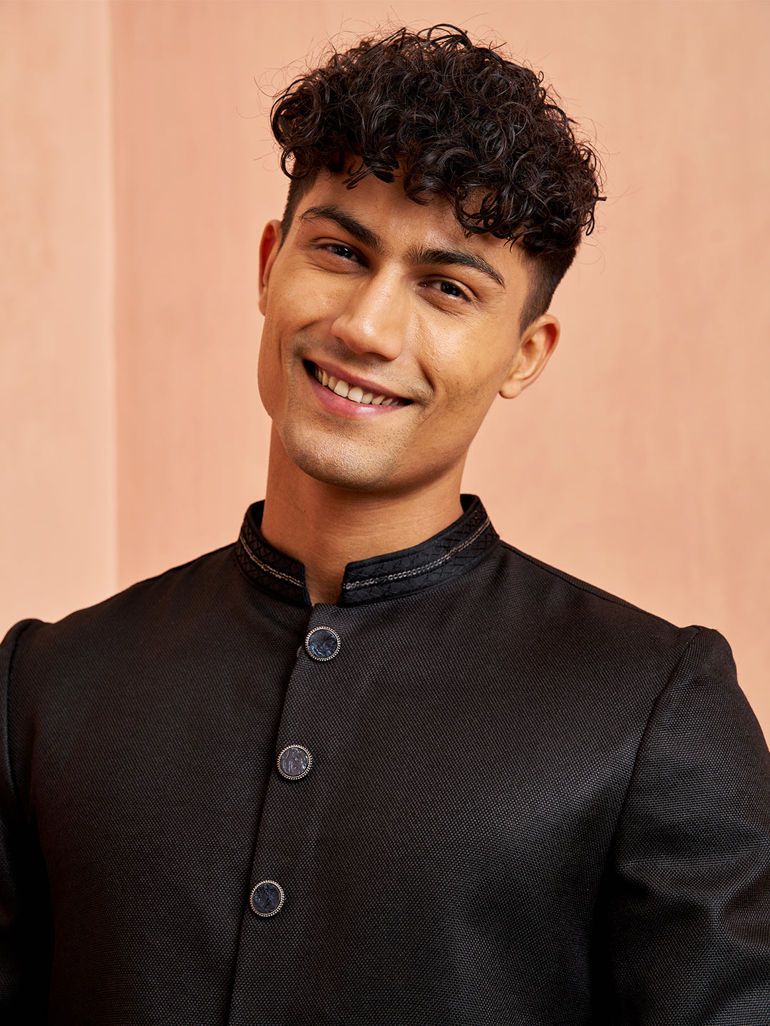 Vastramay Men Black Jute Indo-Western Kurta Pant Set