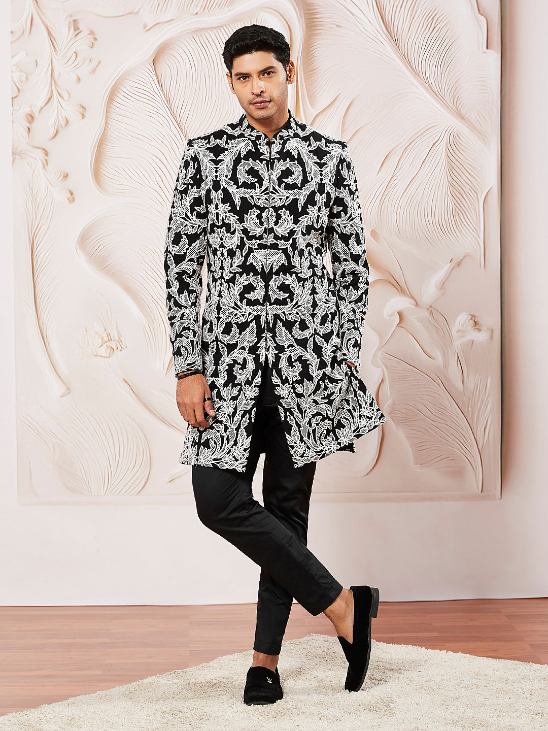 Men's Black Fox Geogette Indo Western And Pant Set