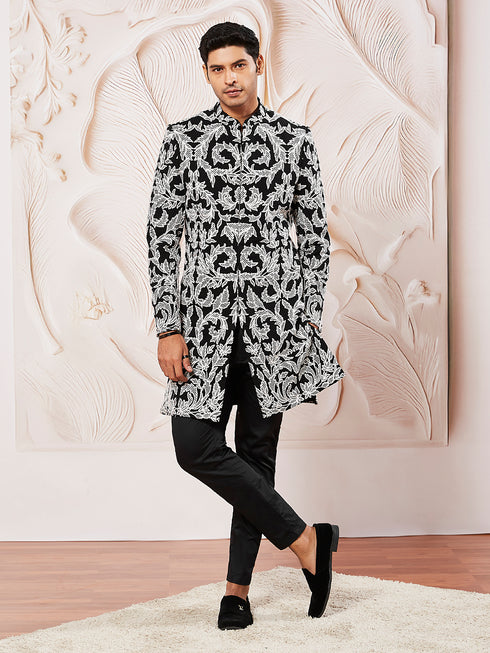 Men's Black Fox Geogette Indo Western And Pant Set