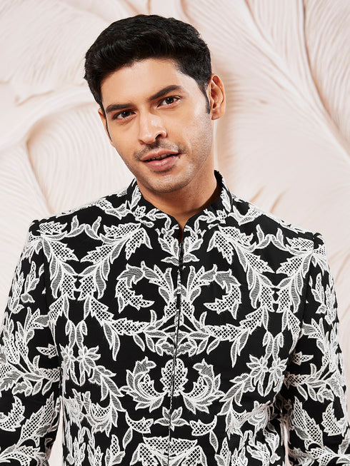 Men's Black Fox Geogette Indo Western And Pant Set