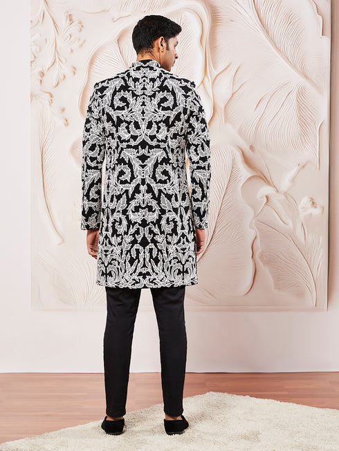 Men's Black Fox Geogette Indo Western And Pant Set