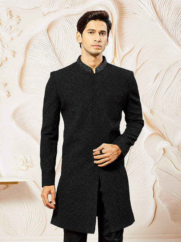 Men's Black Silk Blend Indo Western