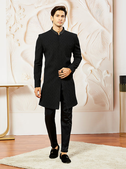Men's Black Silk Blend Indo Western And Pant Set