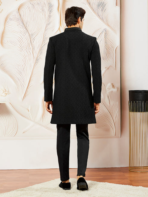 Men's Black Silk Blend Indo Western And Pant Set