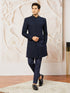 Navy Blue Imported Suiting Self Design Indo Western Set