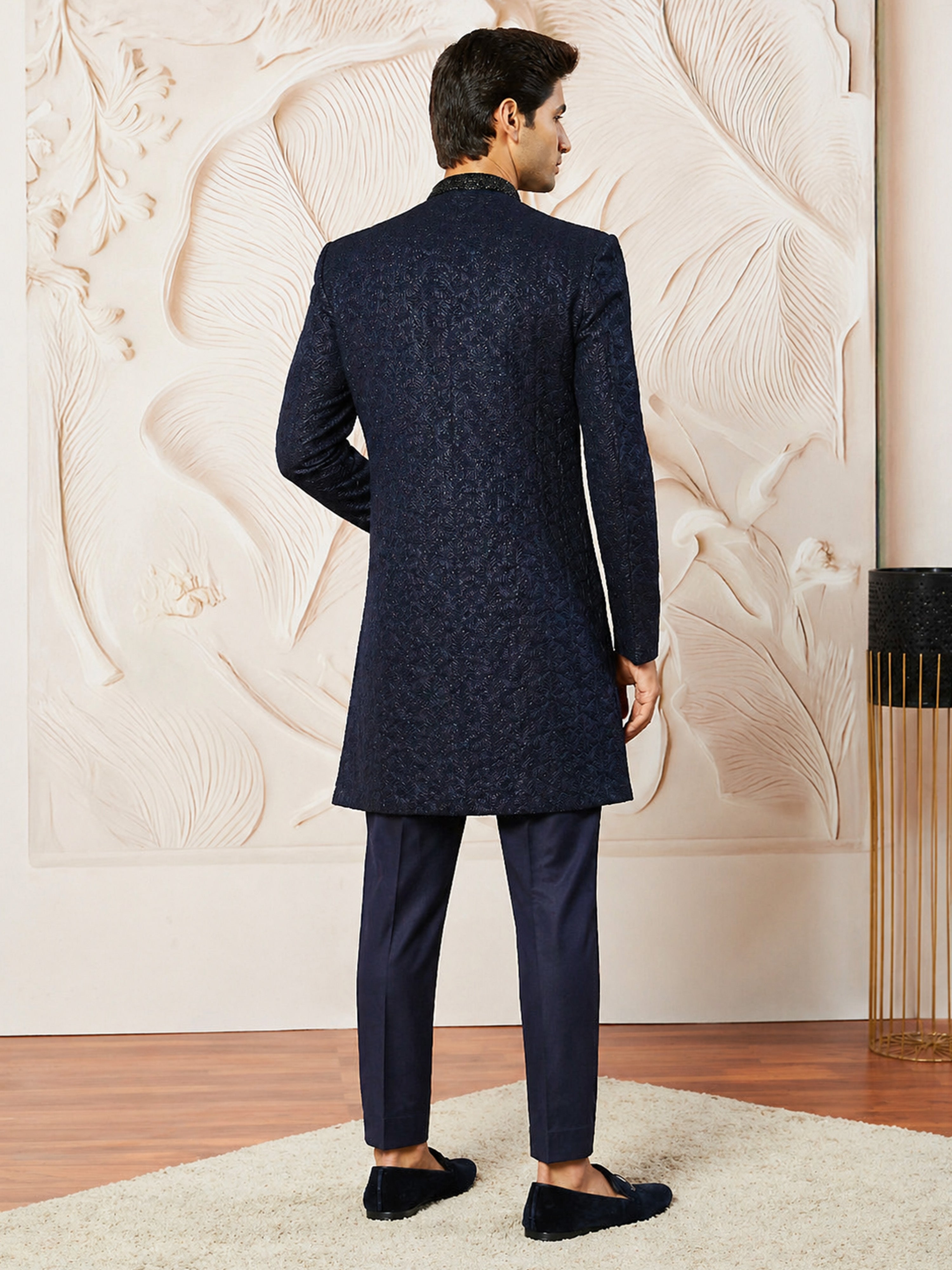 Men's Navy Blue Suiting Abstract Thigh Length Indo Western Set with Pant