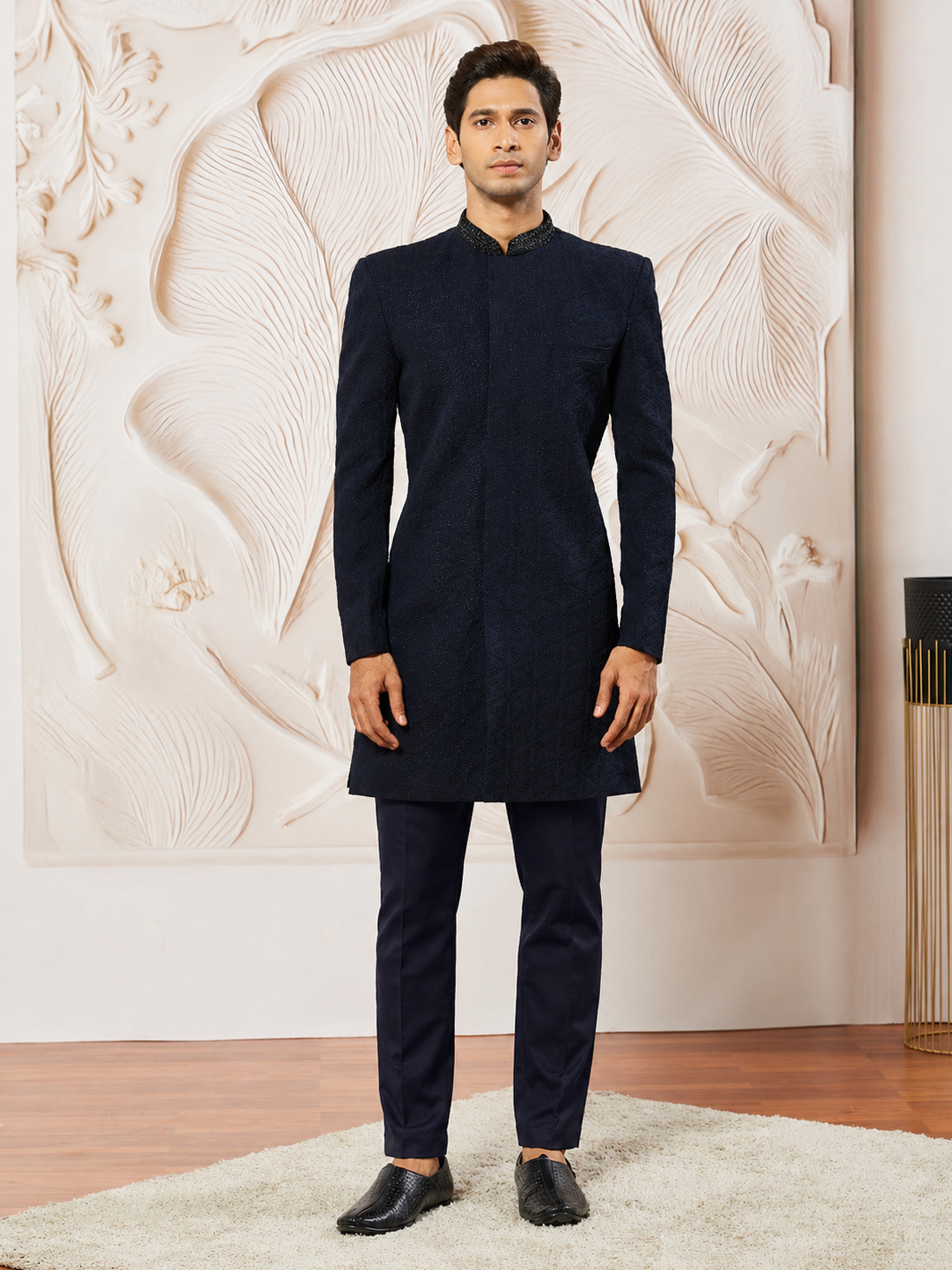 Men's Navy Blue Suiting Abstract Thigh Length Indo Western Set with Pant