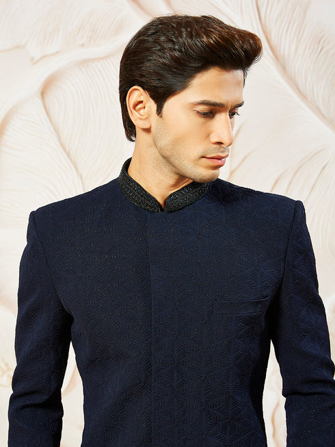 Men's Navy Blue Silk Blend Indo Western And Pant Set
