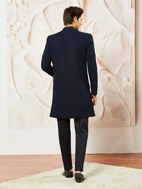 Men's Navy Blue Silk Blend Indo Western And Pant Set