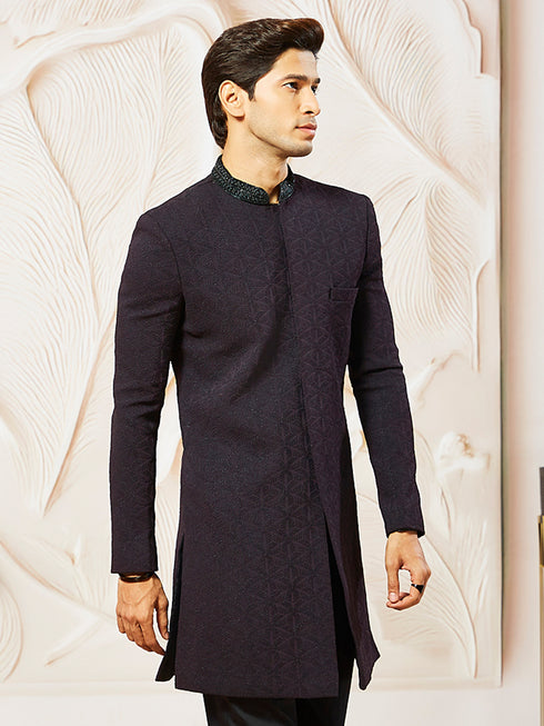 Men's Wine Silk Blend Indo Western