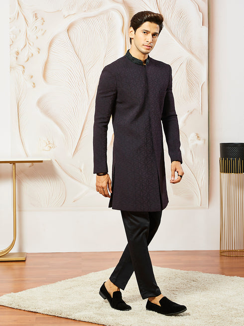 Men's Wine Silk Blend Indo Western