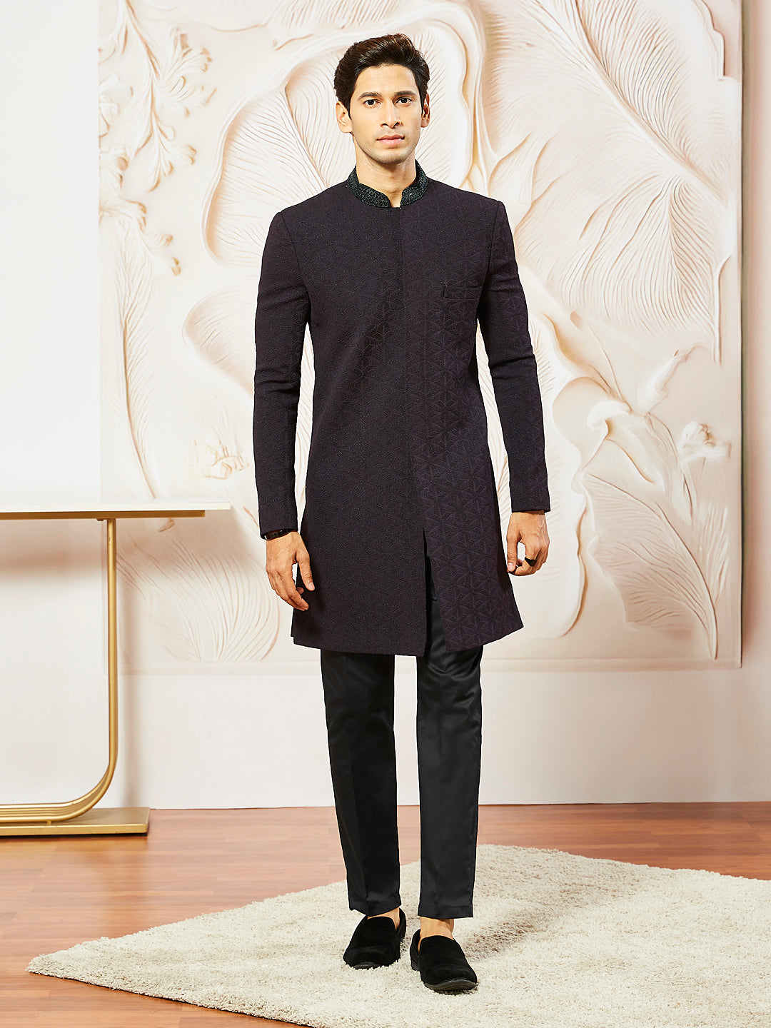 Men's Wine Silk Blend Indo Western And Pant Set