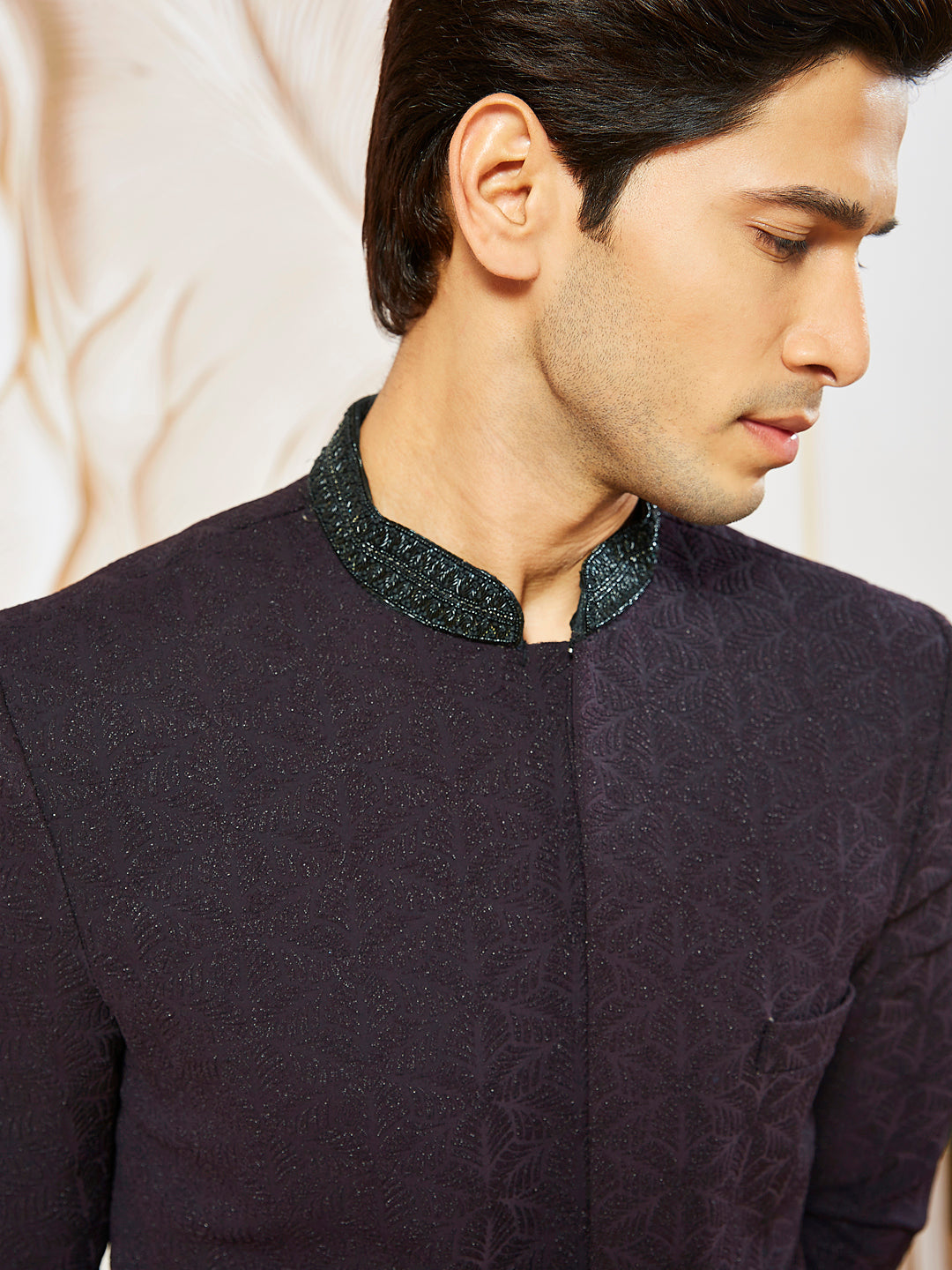 Men's Wine Silk Blend Indo Western And Pant Set