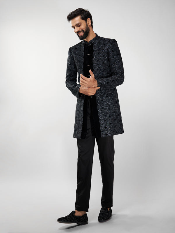 Men Velvet Embroidered Indo-Western Kurta with Black Pant