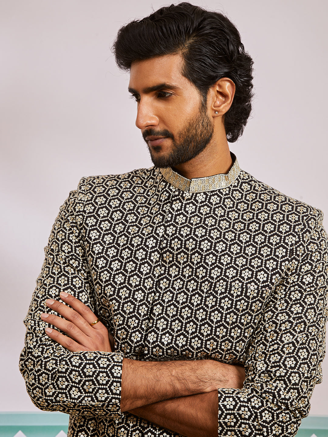 Men's Black Rayon Indo Western And Pyjama Set