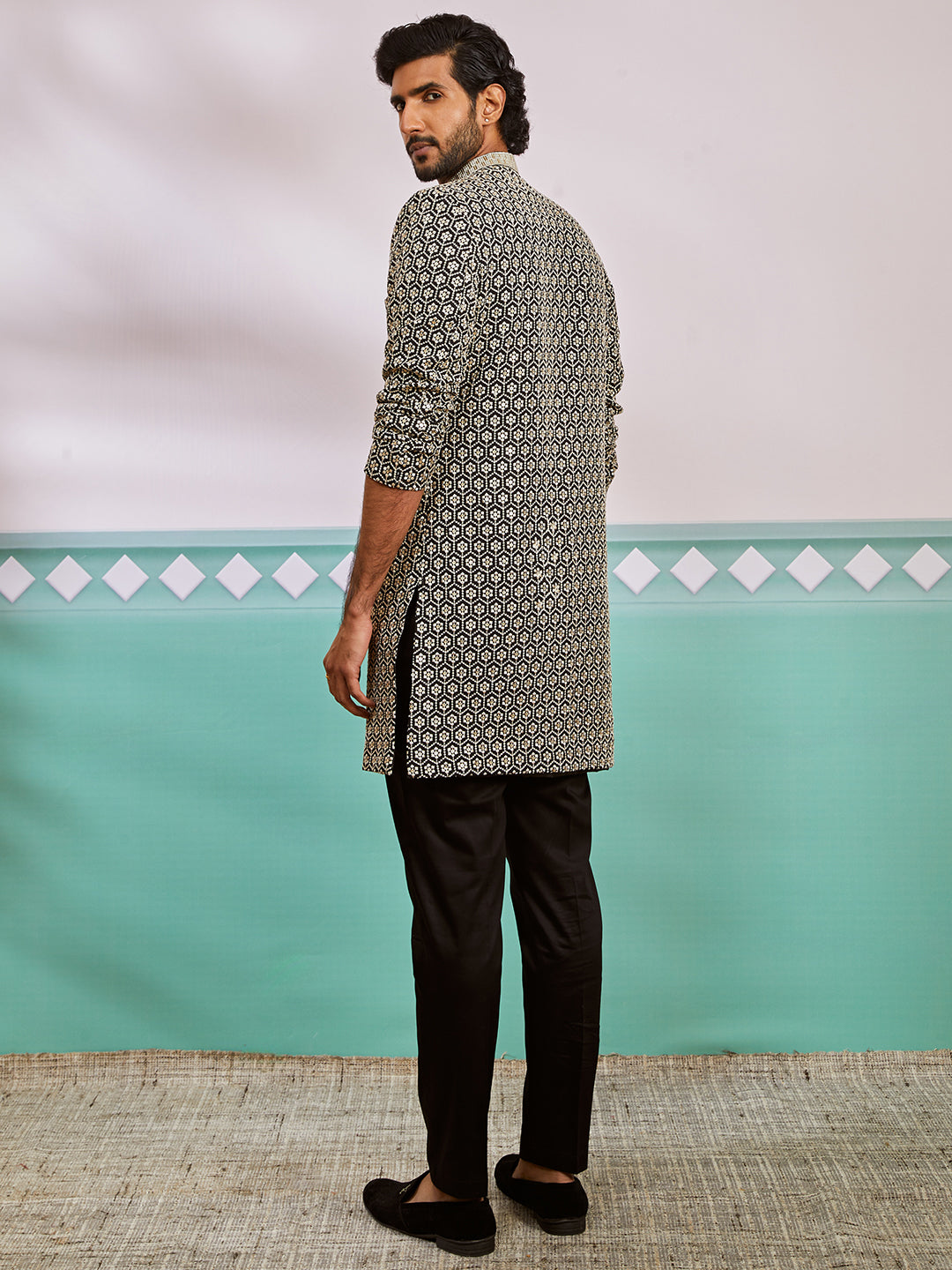 Men's Black Rayon Indo Western And Pyjama Set