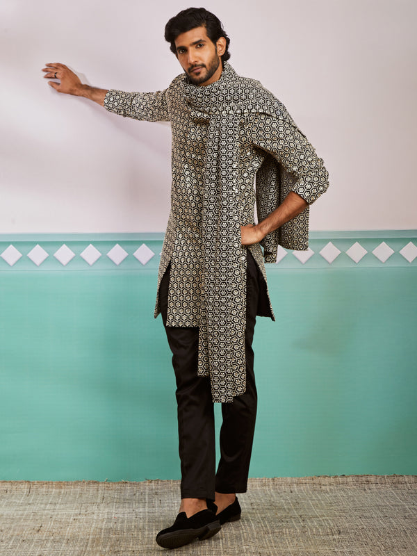 Men's Black Rayon Indo Western,Pyjama And Dupatta Set