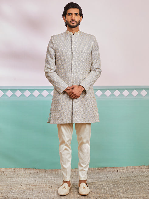 Men's Grey Rayon Indo Western And Pyjama Set