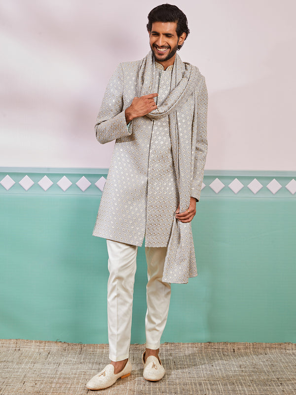 Men's Grey Rayon Indo Western,Pyjama And Dupatta Set