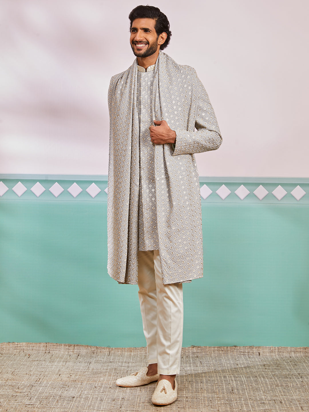 Men's Grey Rayon Indo Western,Pyjama And Dupatta Set