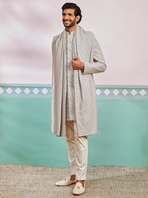 Men's Grey Rayon Indo Western,Pyjama And Dupatta Set