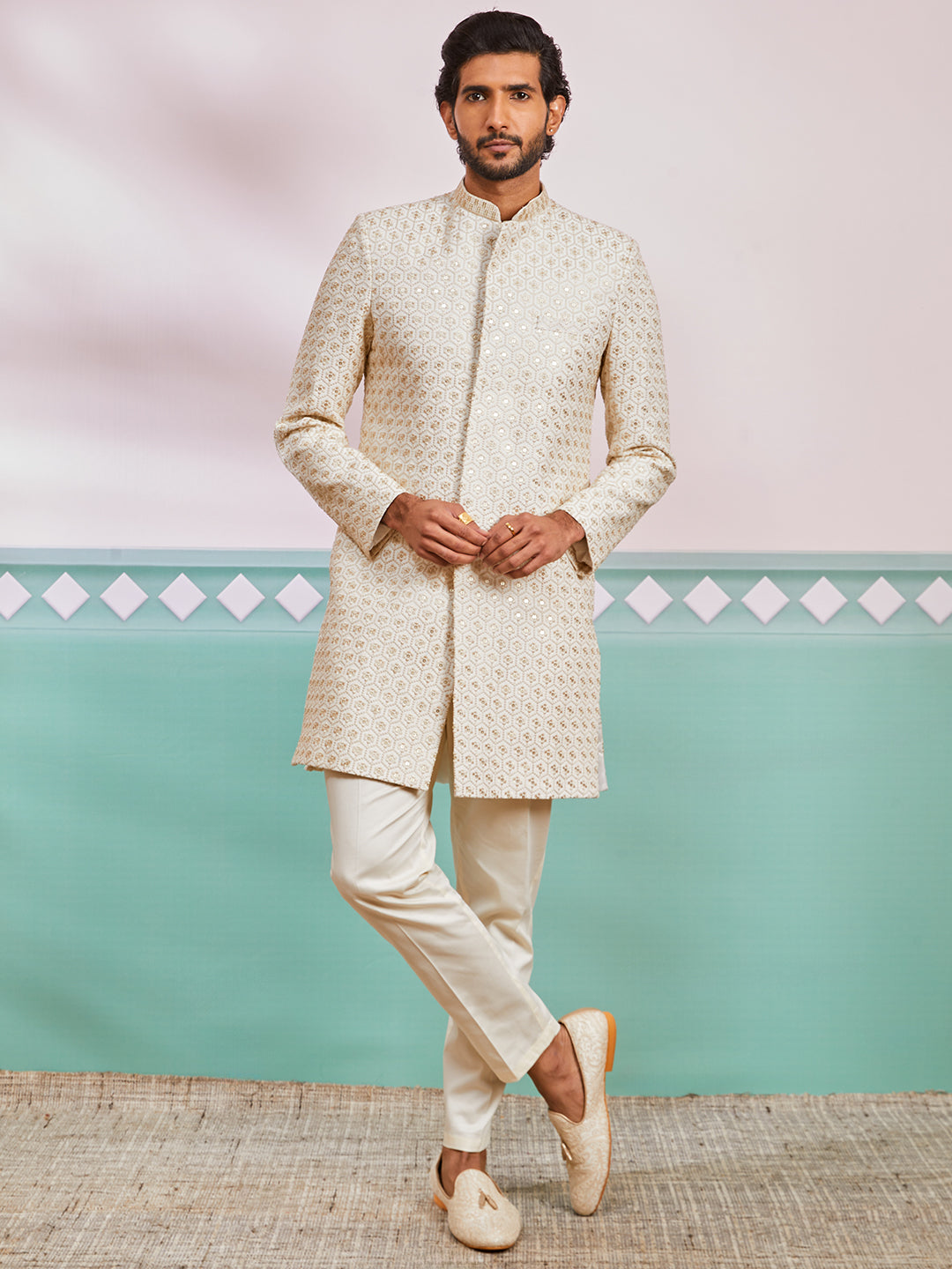 Men's Off White Rayon Indo Western And Pyjama Set