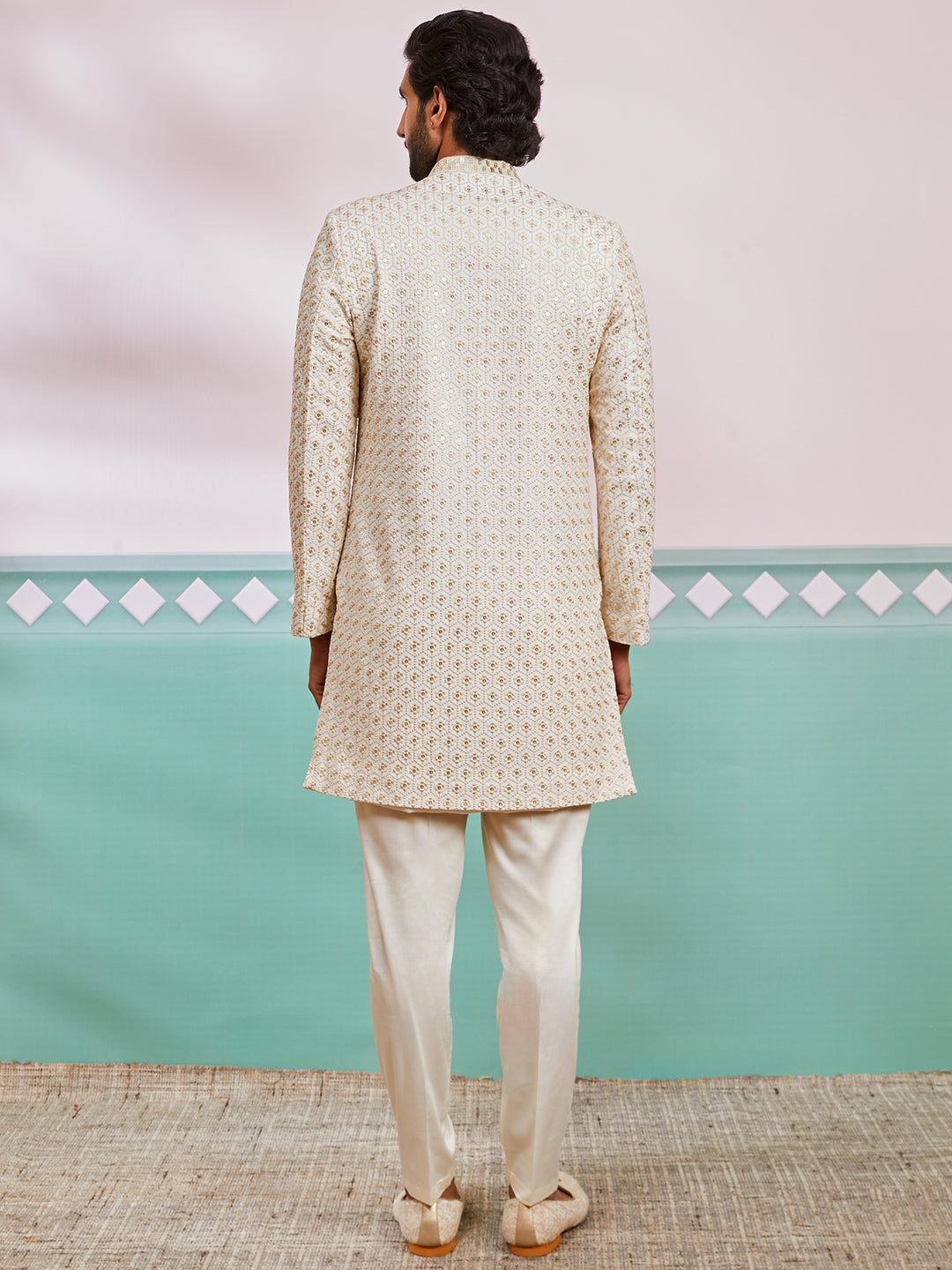 Men's Off White Rayon Indo Western And Pyjama Set