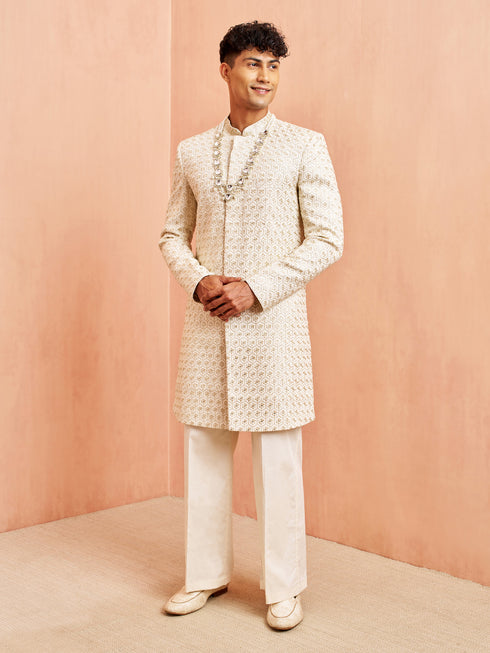 Men's Off White Indo-Western with Cream Pant Set