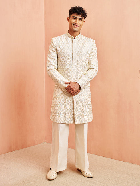 Men's Off White Indo-Western with Cream Pant Set