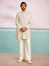 Men's Off-White Rayon Geometry Above Knee Indo Western Set with Wide Leg Pant