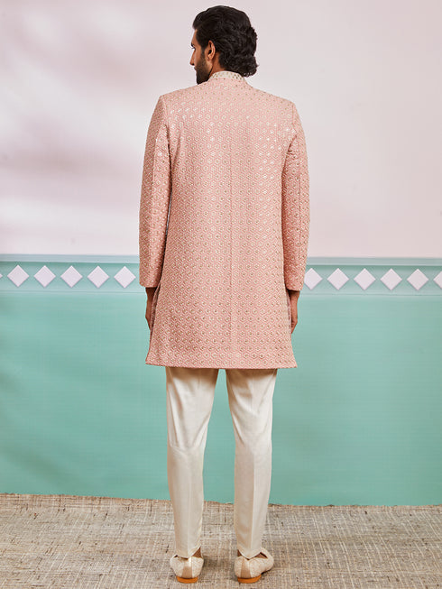 Men's Peach Rayon Indo Western And Pyjama Set