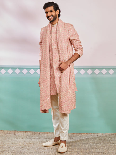 Men's Peach Rayon Indo Western, Pyjama And Dupatta Set