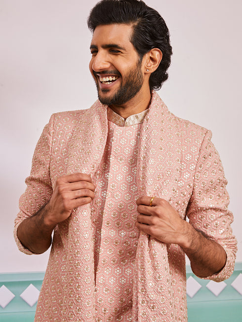 Men's Peach Rayon Indo Western, Pyjama And Dupatta Set