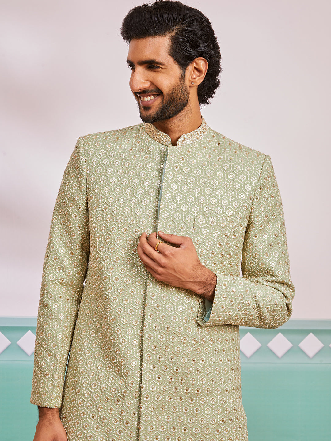 Men's Pista Green Rayon Indo Western And Pyjama Set